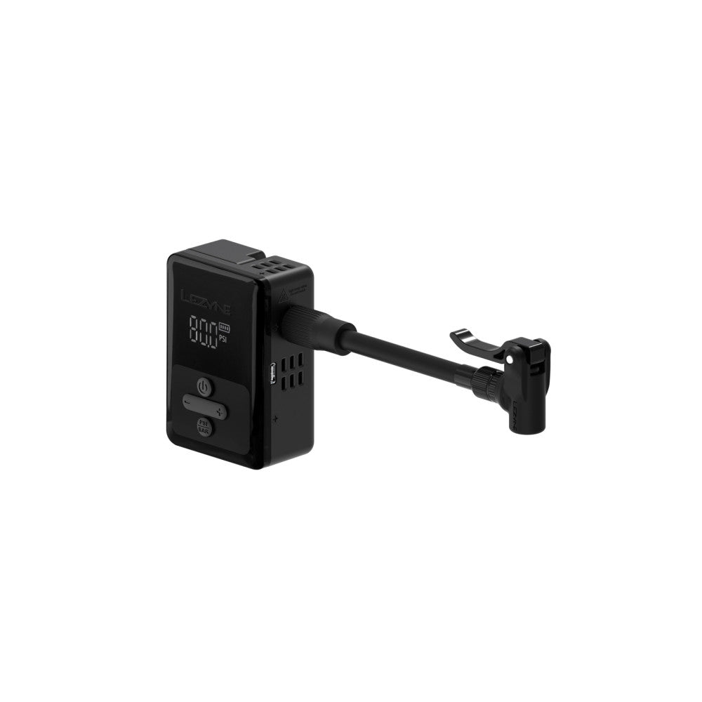 Lezyne E-Drive electric bike pump in black with digital display and hose attachment