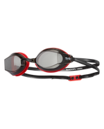 TYR Black Ops 140EV swimming goggles with black and red frame and tinted lenses