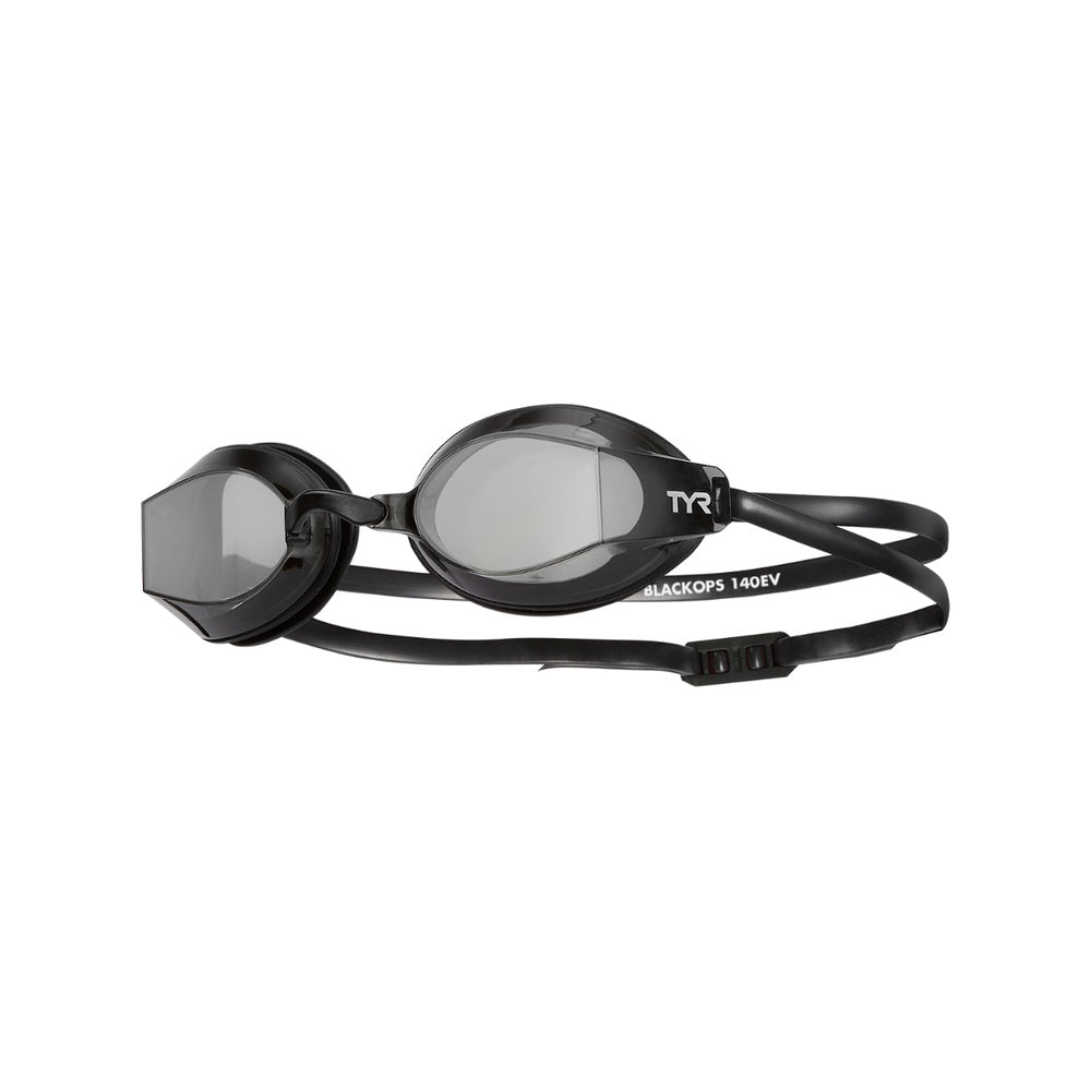 TYR Black Ops 140EV swimming goggles with black frame and smoke tinted lenses