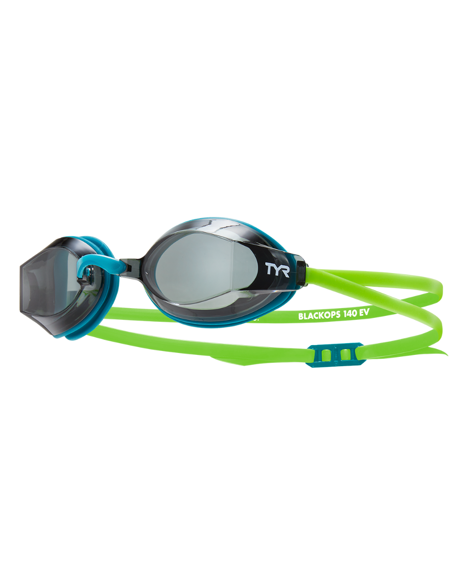 TYR Black Ops 140 EV racing goggles with smoke lenses and green strap