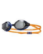 TYR Black Ops 140 EV racing goggles with smoke lenses and navy-orange straps