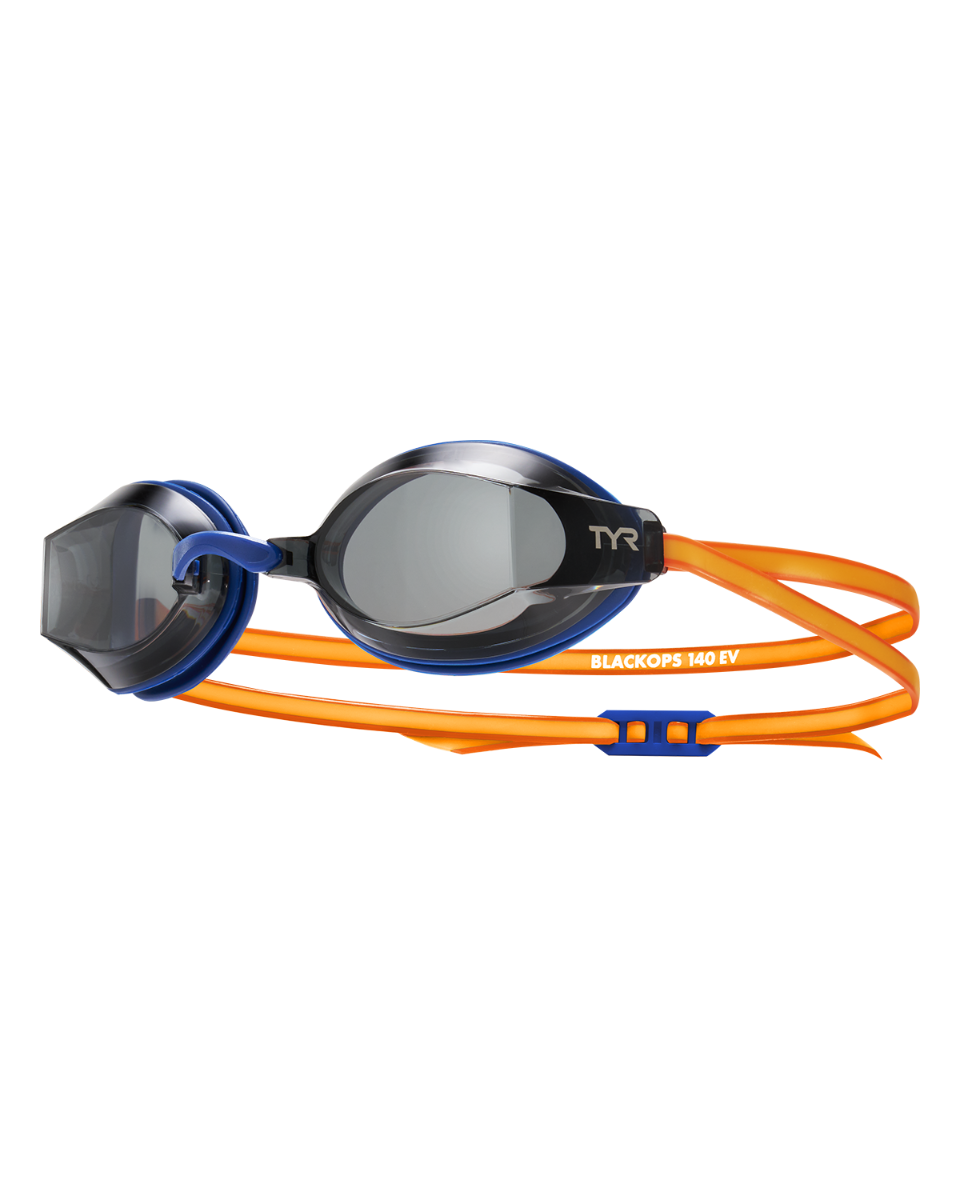 TYR Black Ops 140 EV racing goggles with smoke lenses and navy-orange straps