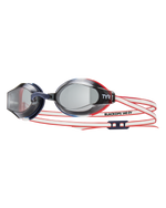TYR Black Ops 140 EV racing goggles with mirrored lenses and red straps