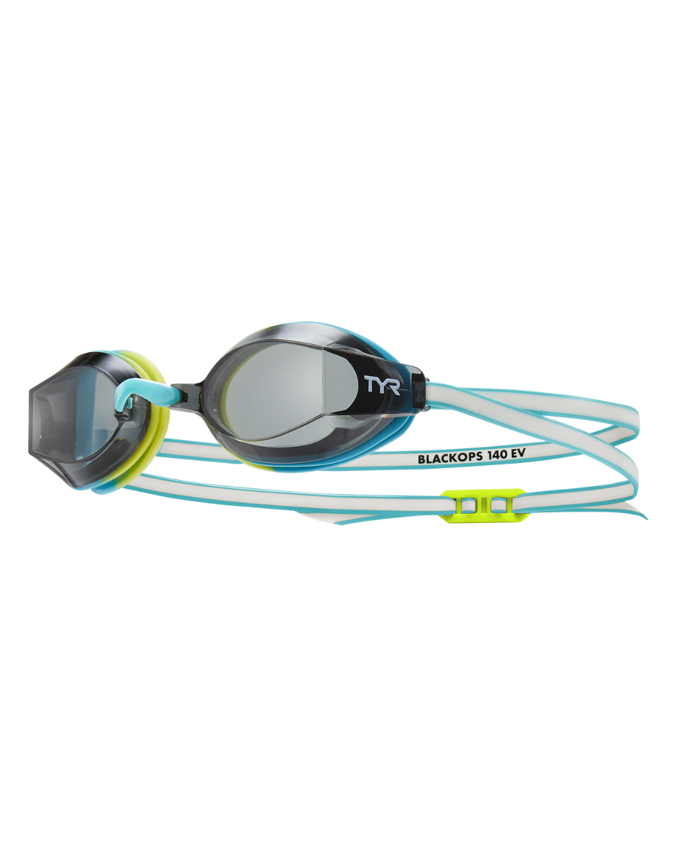 TYR BlackOps 140 EV racing goggles with smoke lenses and fluorescent green blue straps