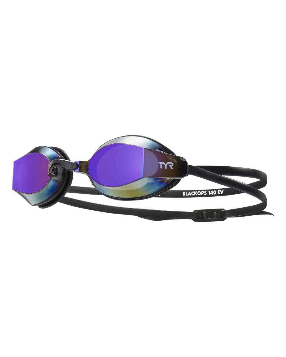 TYR Black Ops 140 EV swimming goggles with purple mirrored lenses and black straps