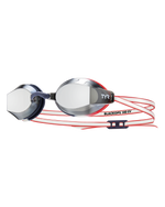 TYR Black Ops 140 EV mirrored racing goggles with red straps and silver lenses