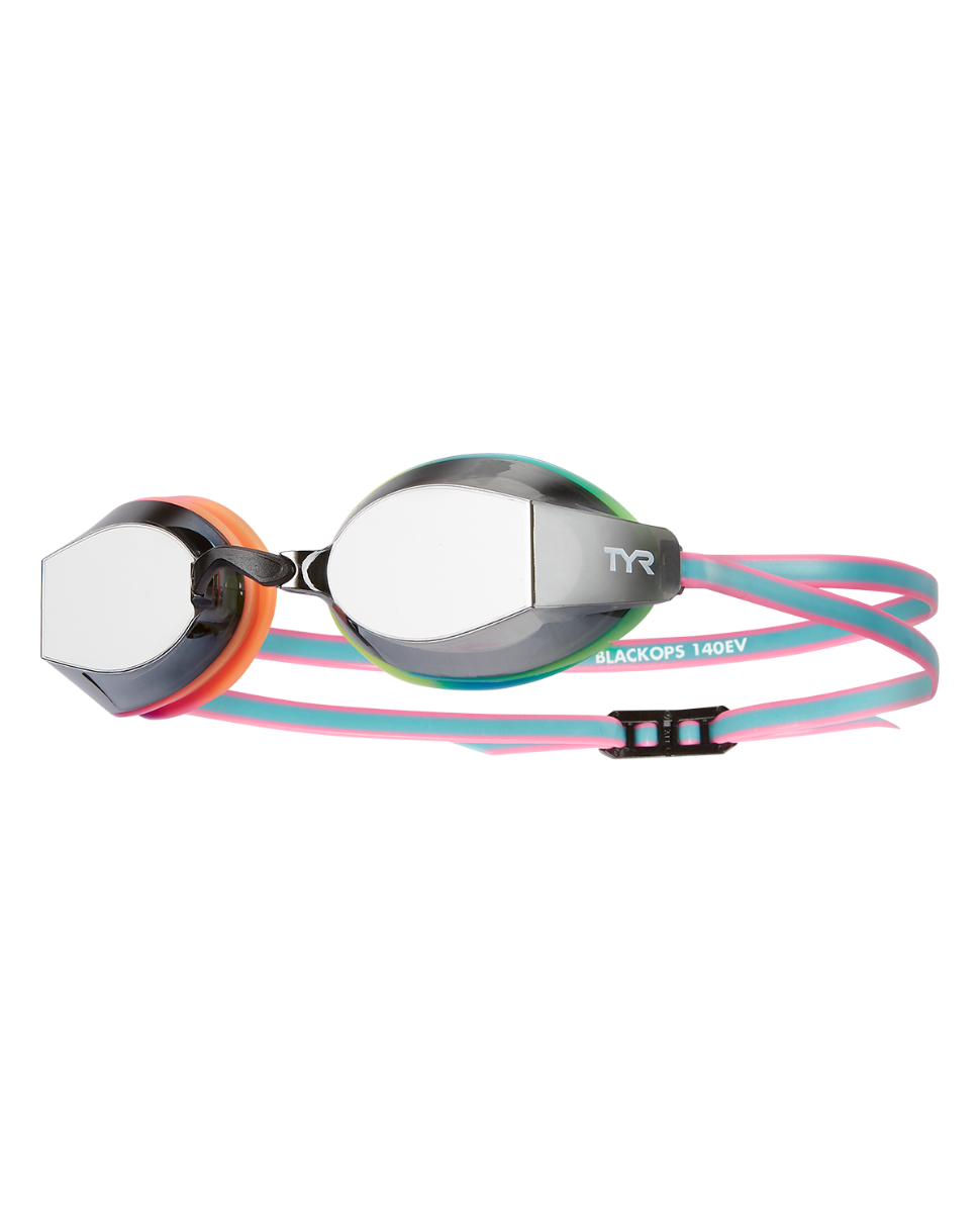 TYR Black Ops 140 EV racing goggles with mirrored smoke lenses and rainbow strap