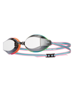 TYR Black Ops 140EV mirrored racing goggles with colorful multi-colored strap and reflective lenses