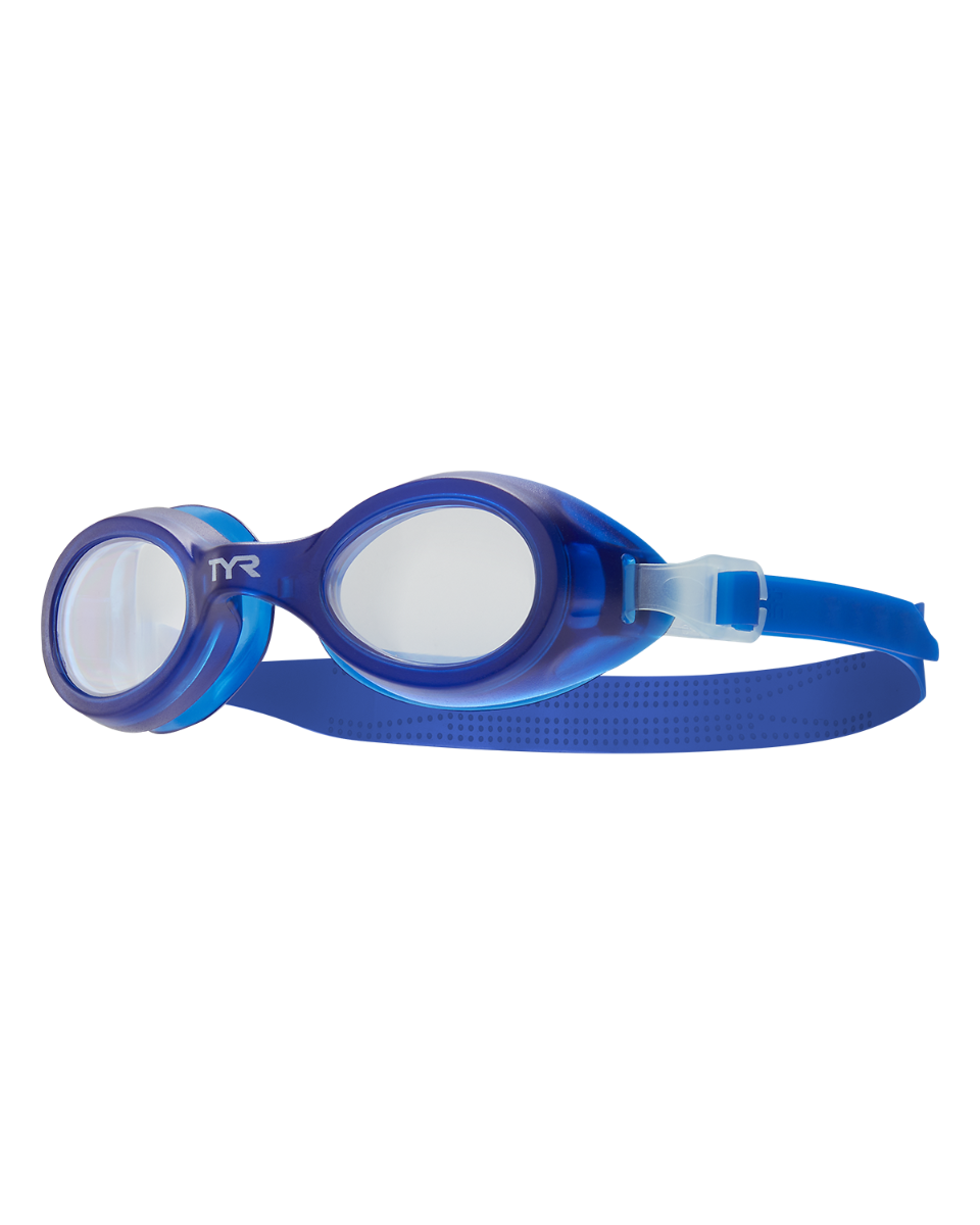 TYR Aqua Blaze kids swimming goggles in clear blue-purple translucent frame