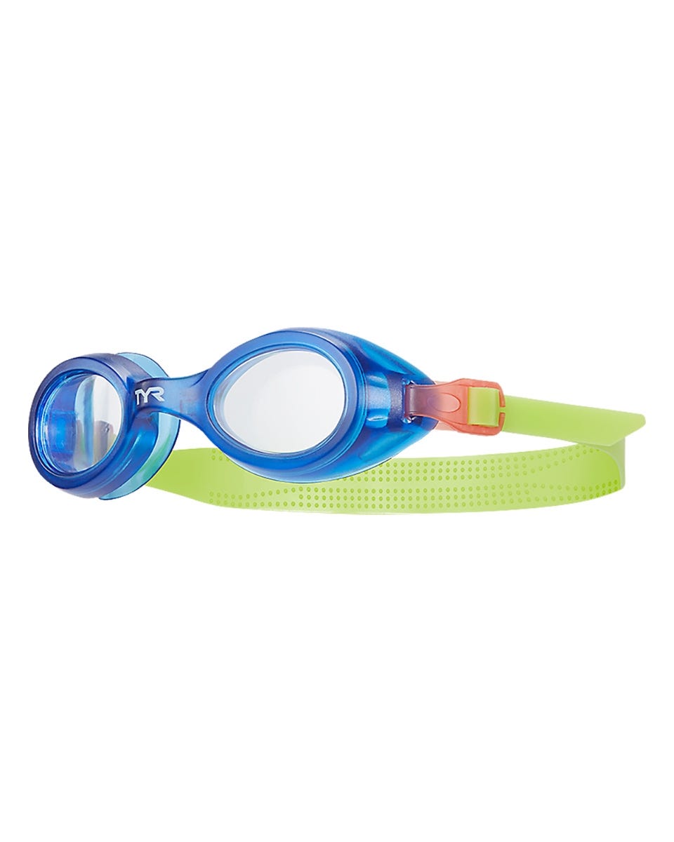 TYR Aqua Blaze kids swimming goggles with blue frame and green strap