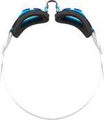 TYR youth swimming goggles with blue frame, black foam padding and clear lenses