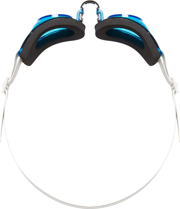 TYR youth swimming goggles with blue frame, black foam padding and clear lenses