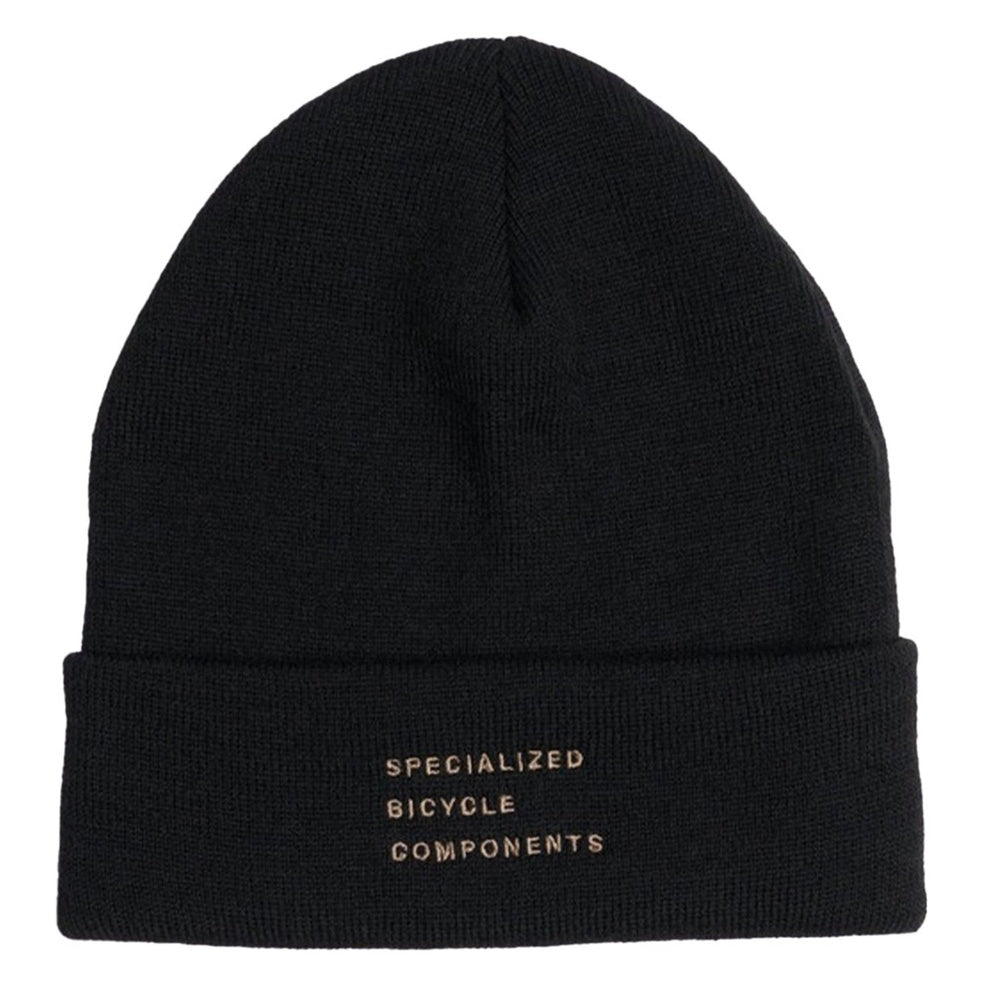 Specialized Graphic Rib Knit Tall Fold Beanie in black with gold embroidered text