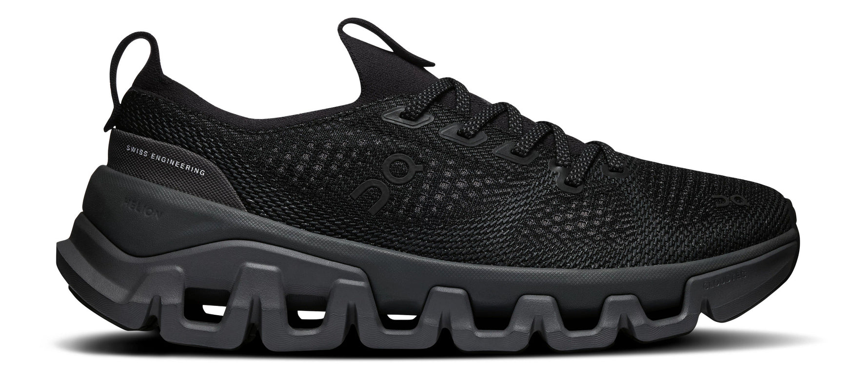 On Cloud X Tempo running shoe in all-black colorway with cushioned CloudTec sole, lateral view