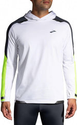 Brooks Run Visible Thermal Hoodie in white with gray and neon yellow accents on male model