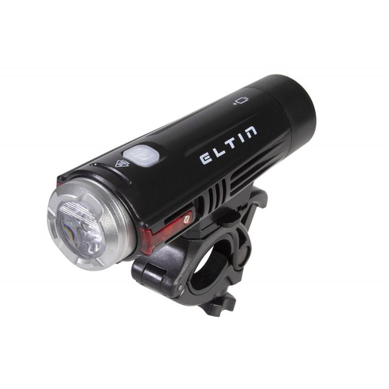 ELTIN black bicycle front light with mounting bracket on white background