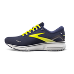 Brooks Ghost 15 running shoe in navy blue with yellow accents on white background