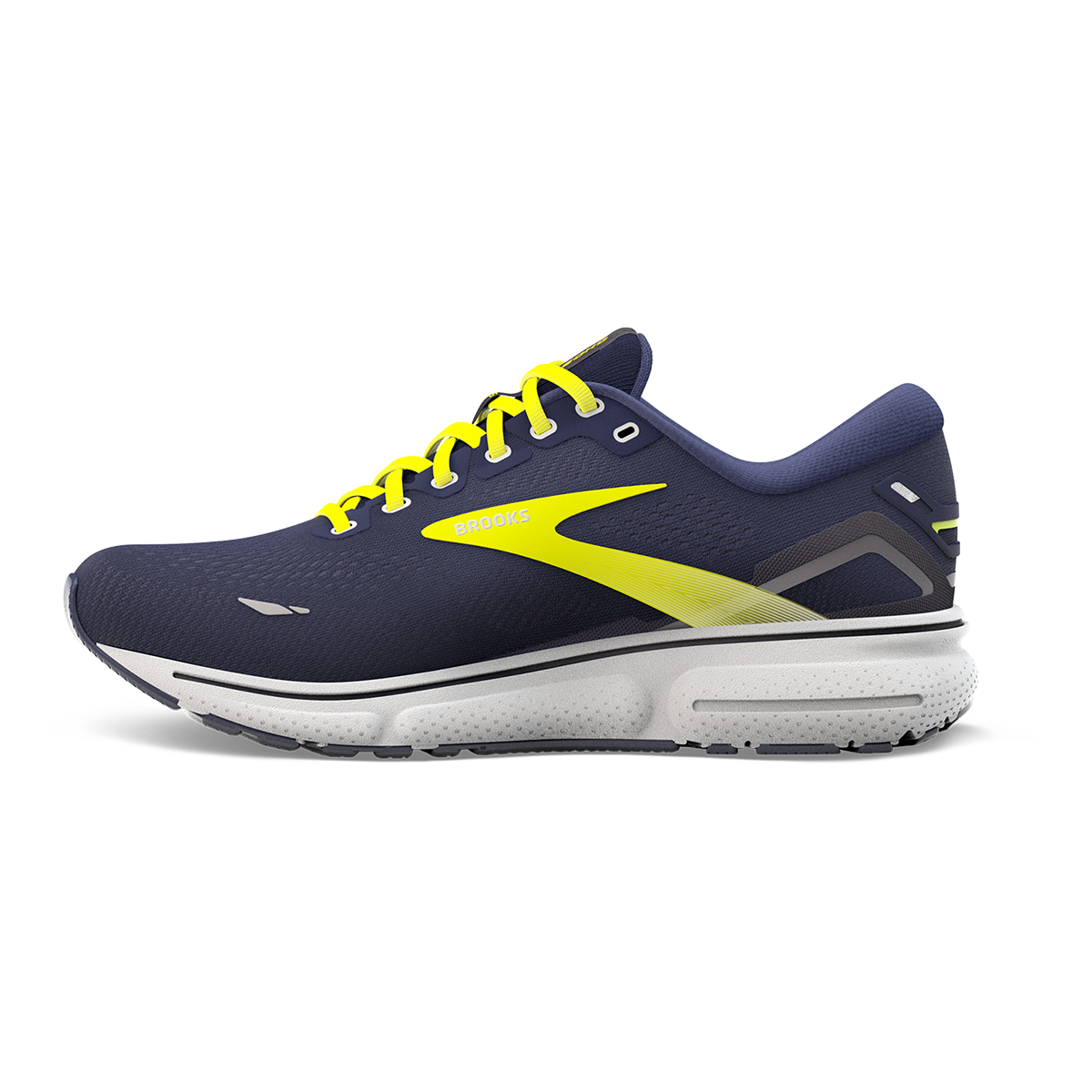 Brooks Ghost 15 running shoe in navy blue with yellow accents on white background