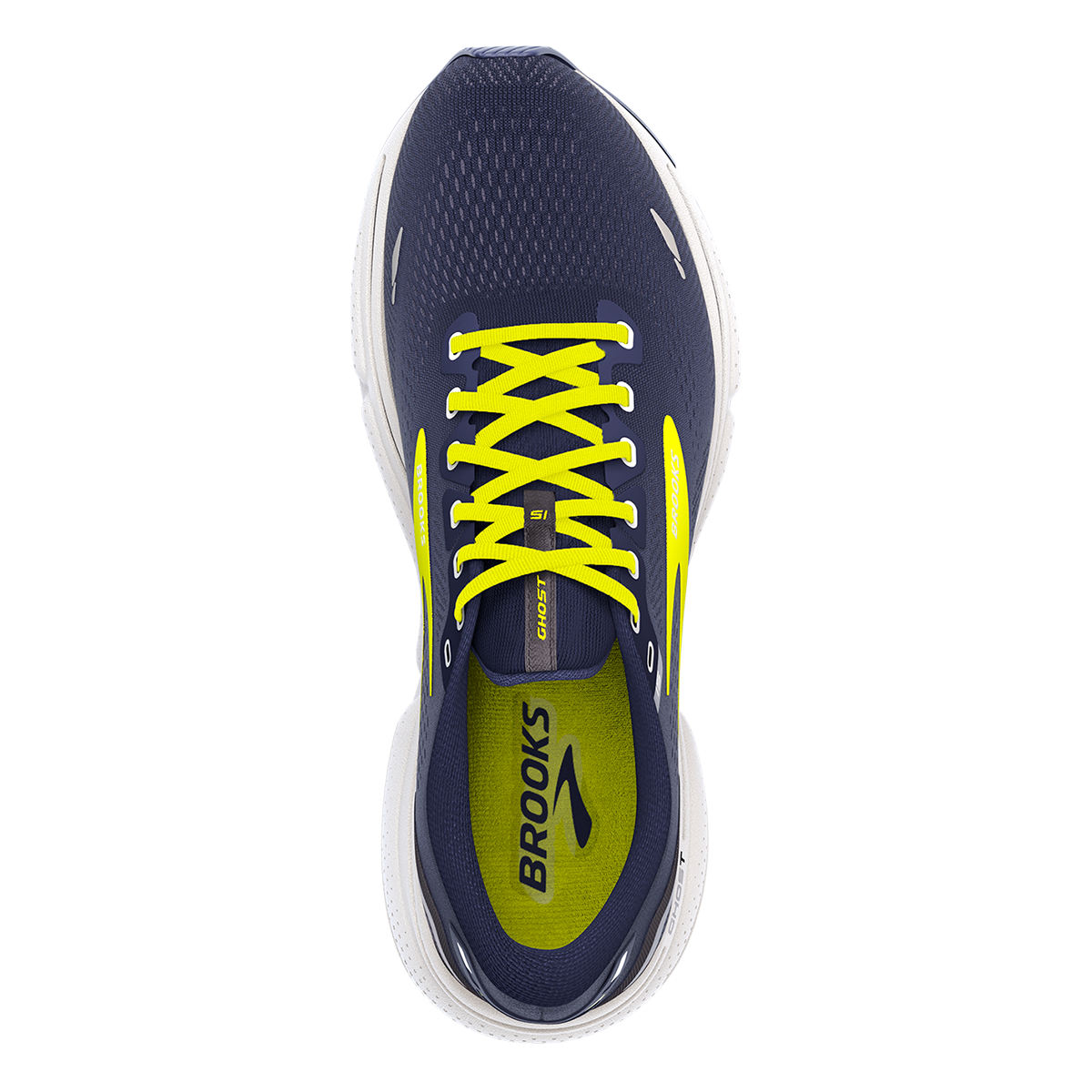 Brooks Ghost 15 running shoe in navy blue with bright yellow laces