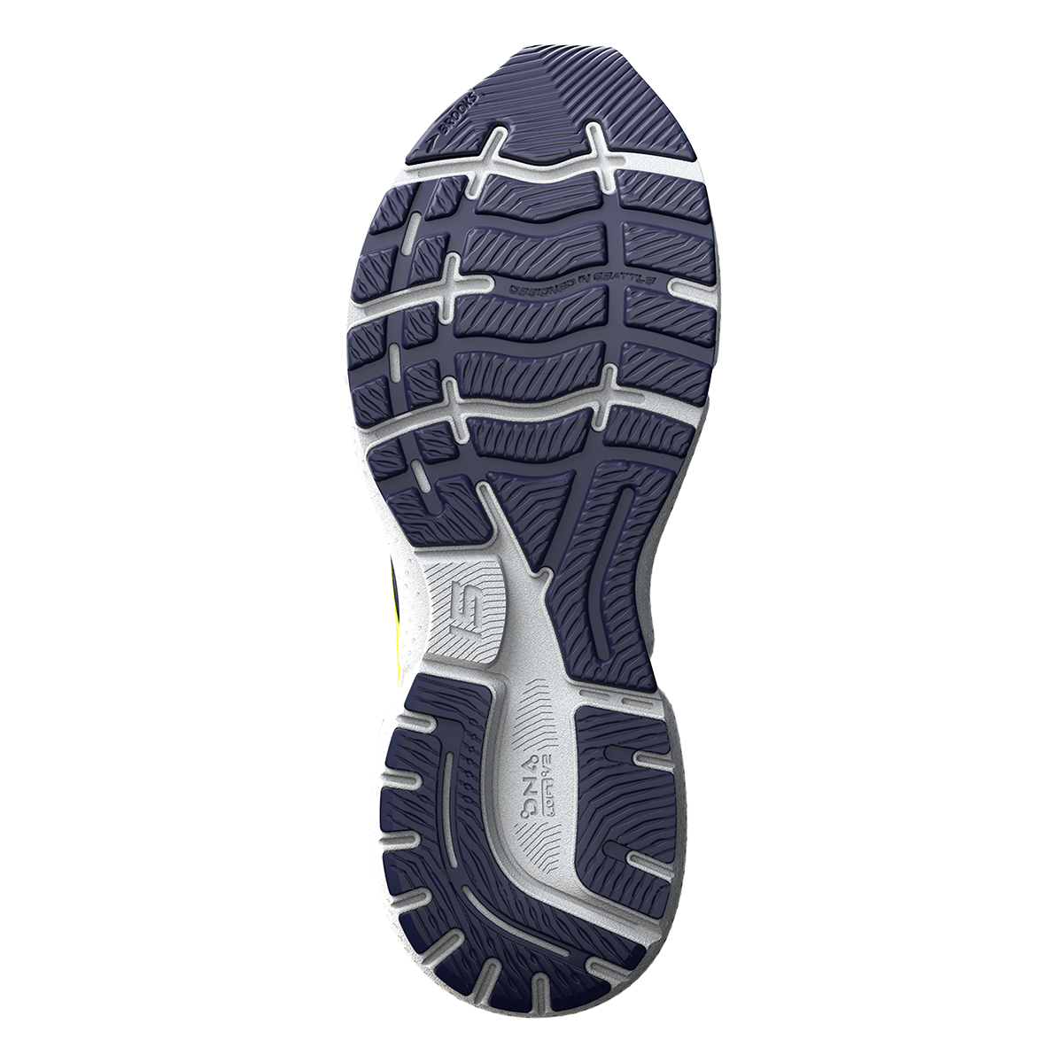 Brooks Ghost 15 running shoe sole in peacoat navy with white accents