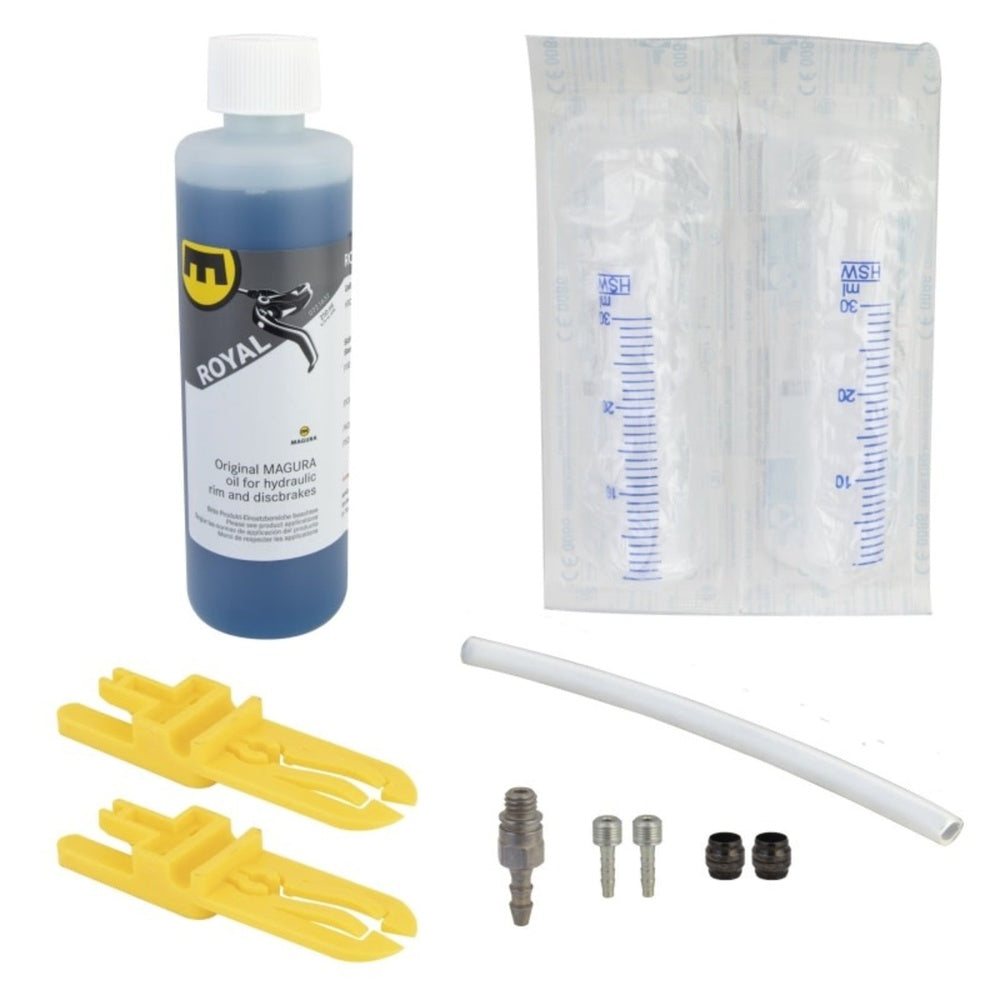 Magura Mini Service Kit with Royal hydraulic oil, syringes, yellow pad spacers, tubing and fittings