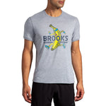 Brooks Distance Graphic T-Shirt in heather gray with colorful runner design