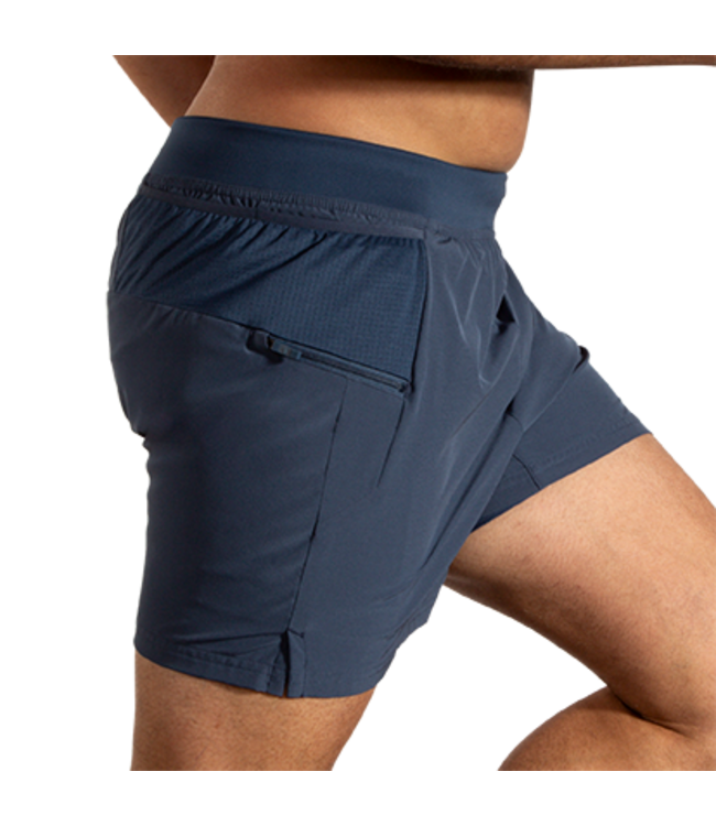 Brooks Sherpa 5-inch 2-in-1 men's running shorts in steel blue with zippered pocket