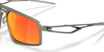 Oakley Bushwick sunglasses close-up side detail showing gunmetal temple and Prizm Ruby lens
