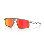 Oakley Bushwick sunglasses with matte gunmetal frame and Prizm Ruby red mirror lenses, angled view