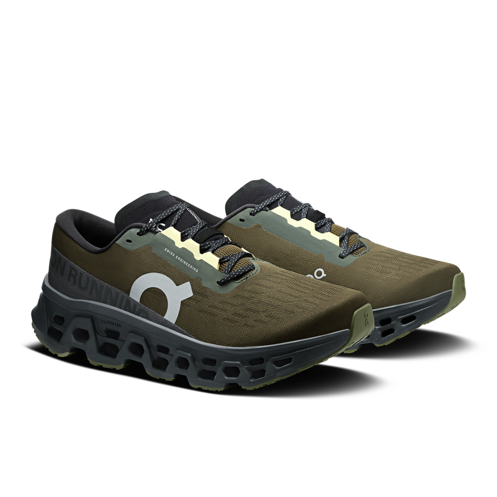 On Cloudmonster 3 men's running shoes in olive and eclipse colorway