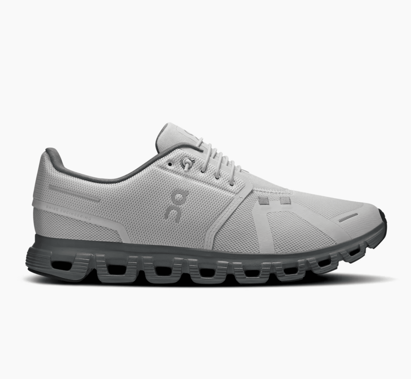 On Cloud 5 men's running shoe in Wolf and Rock gray colorway, lateral view