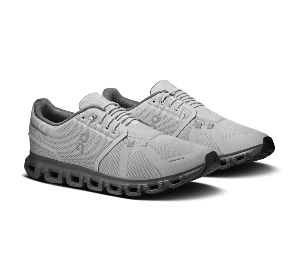 On Cloud 5 men's running shoes in Wolf and Rock gray colorway, pair shown