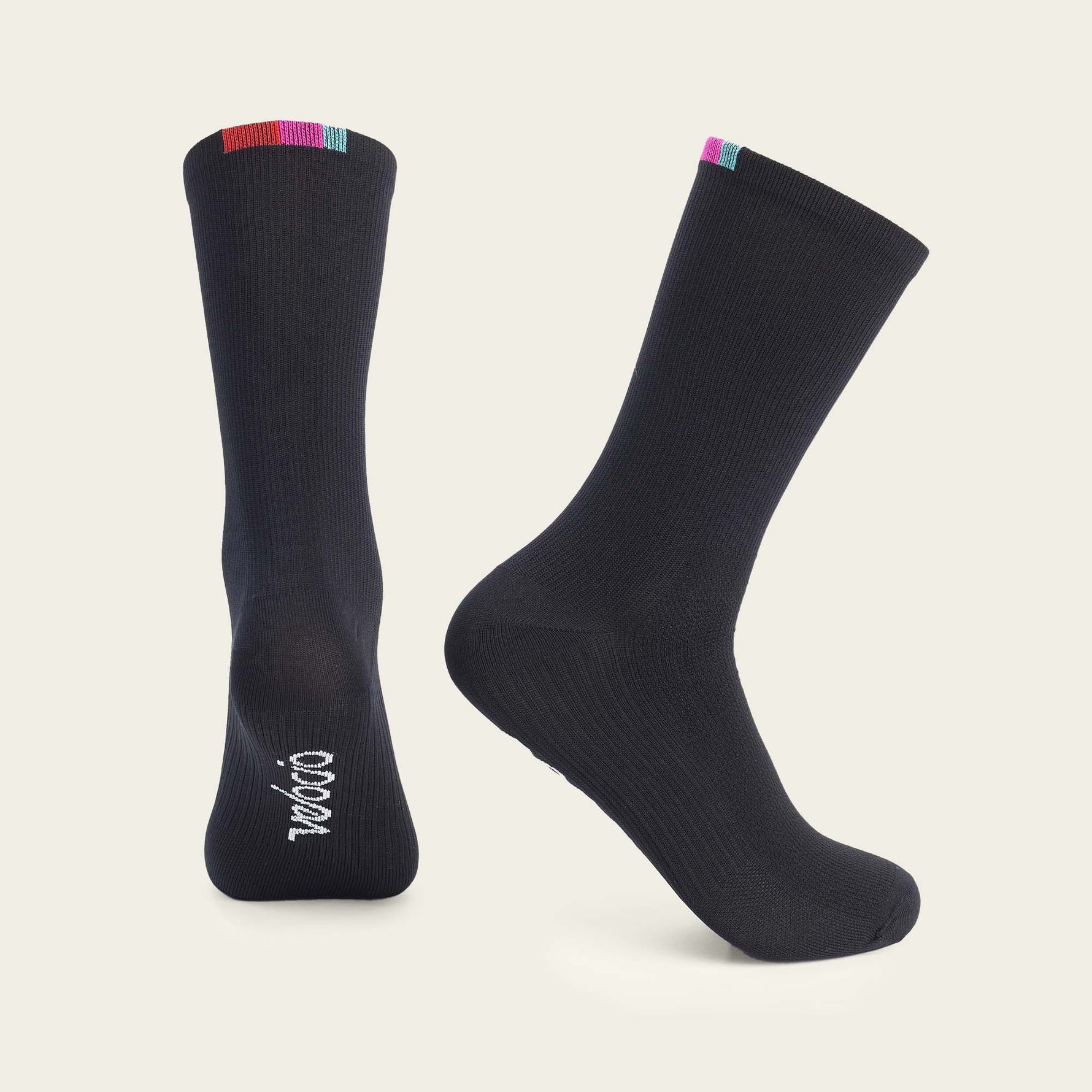 Velocio black cycling socks with colorful striped cuff detail on clean white background