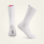 White Velocio cycling socks with multicolored striped cuff on clean background