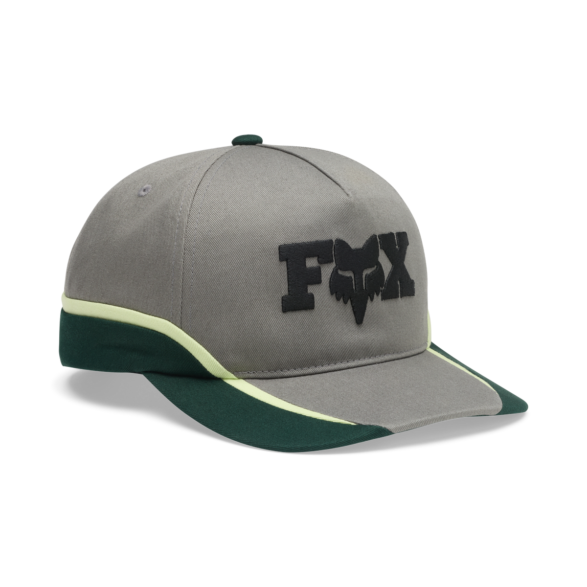 Fox Racing snapback hat in gray with dark green brim and lime accent stripe
