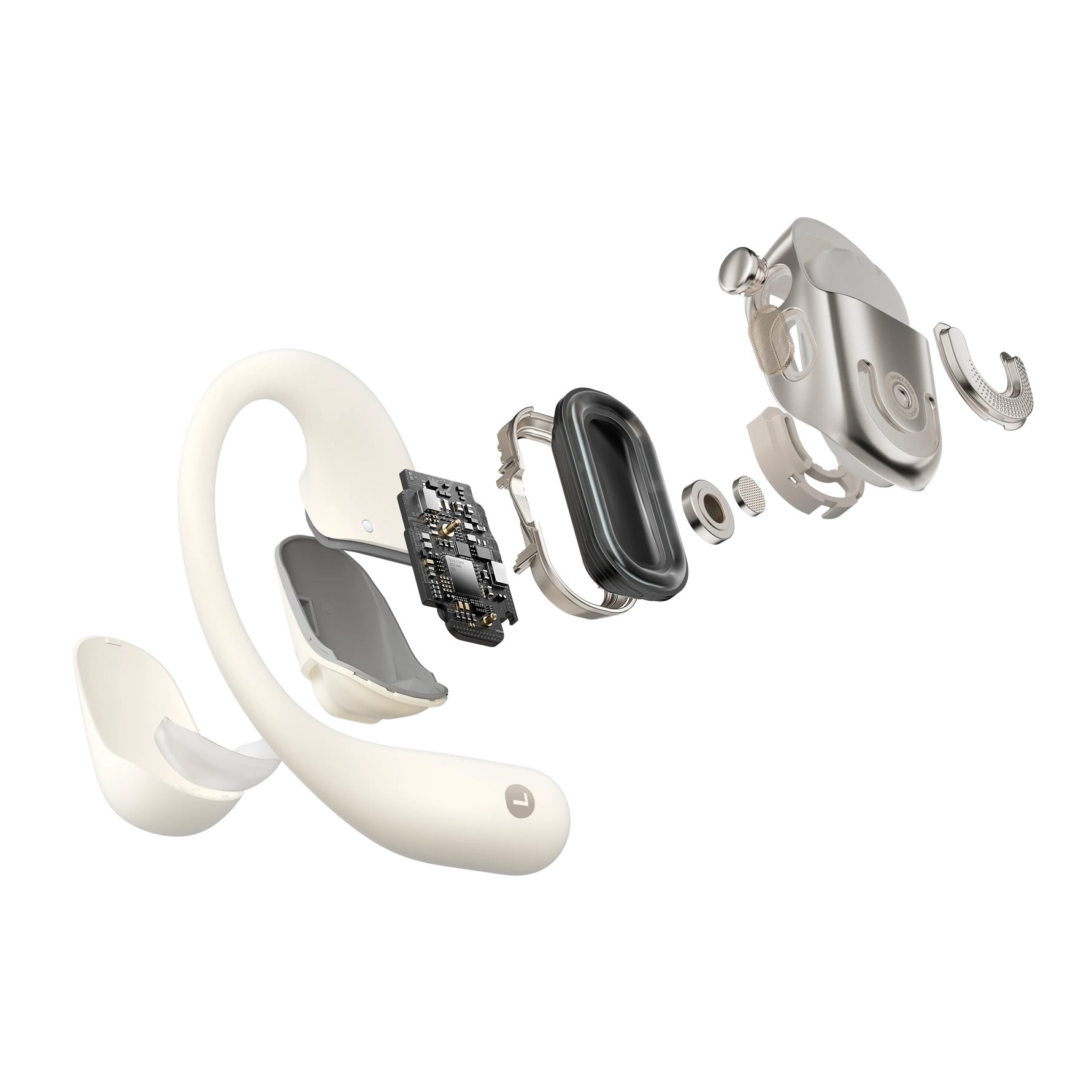 Exploded view of Shokz OpenFit earbuds showing internal components and assembly