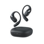 Shokz OpenFit 2 black wireless earbuds floating above charging case on white background