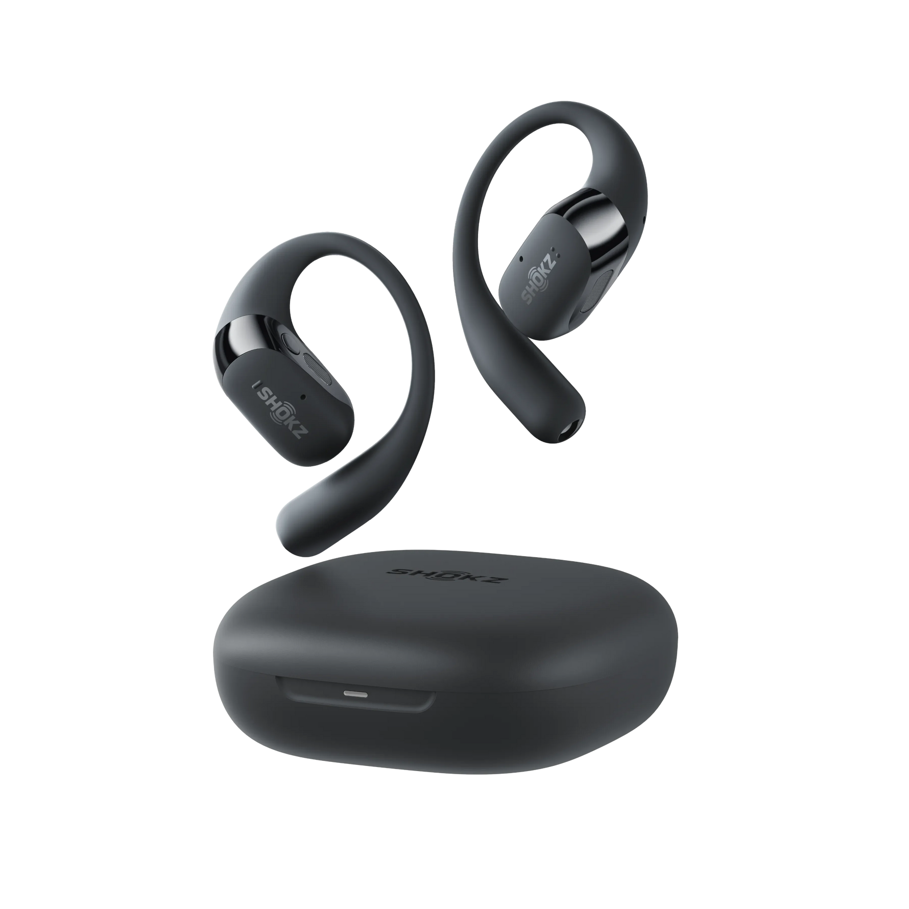 Shokz OpenFit 2 black wireless earbuds floating above charging case on white background