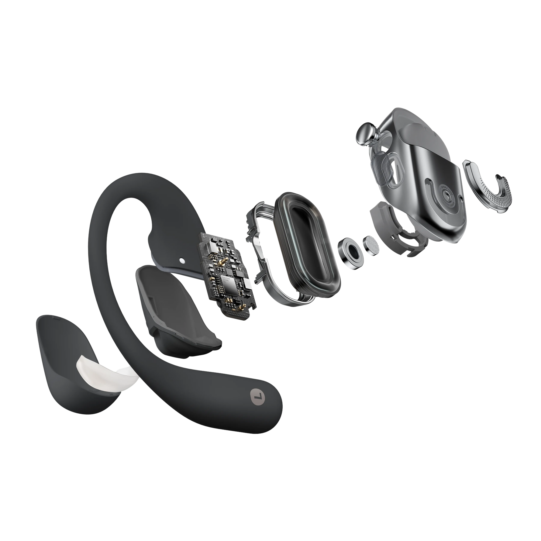 Shokz OpenFit 2 black wireless earbuds exploded view showing internal components