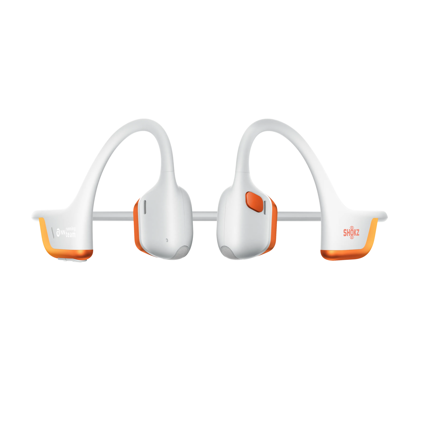 Shokz OpenRun Pro 2 bone conduction headphones in white and orange on clean background