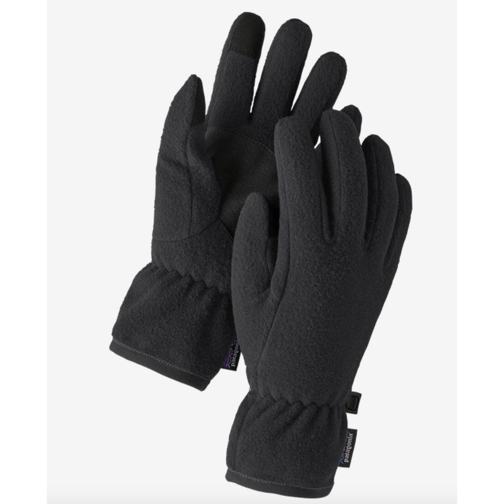 Black Patagonia Synchilla fleece gloves with elastic wrists on white background