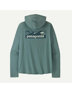 Patagonia Capilene Cool Daily Hoody in blue sage with Boardshort Logo graphic, back view