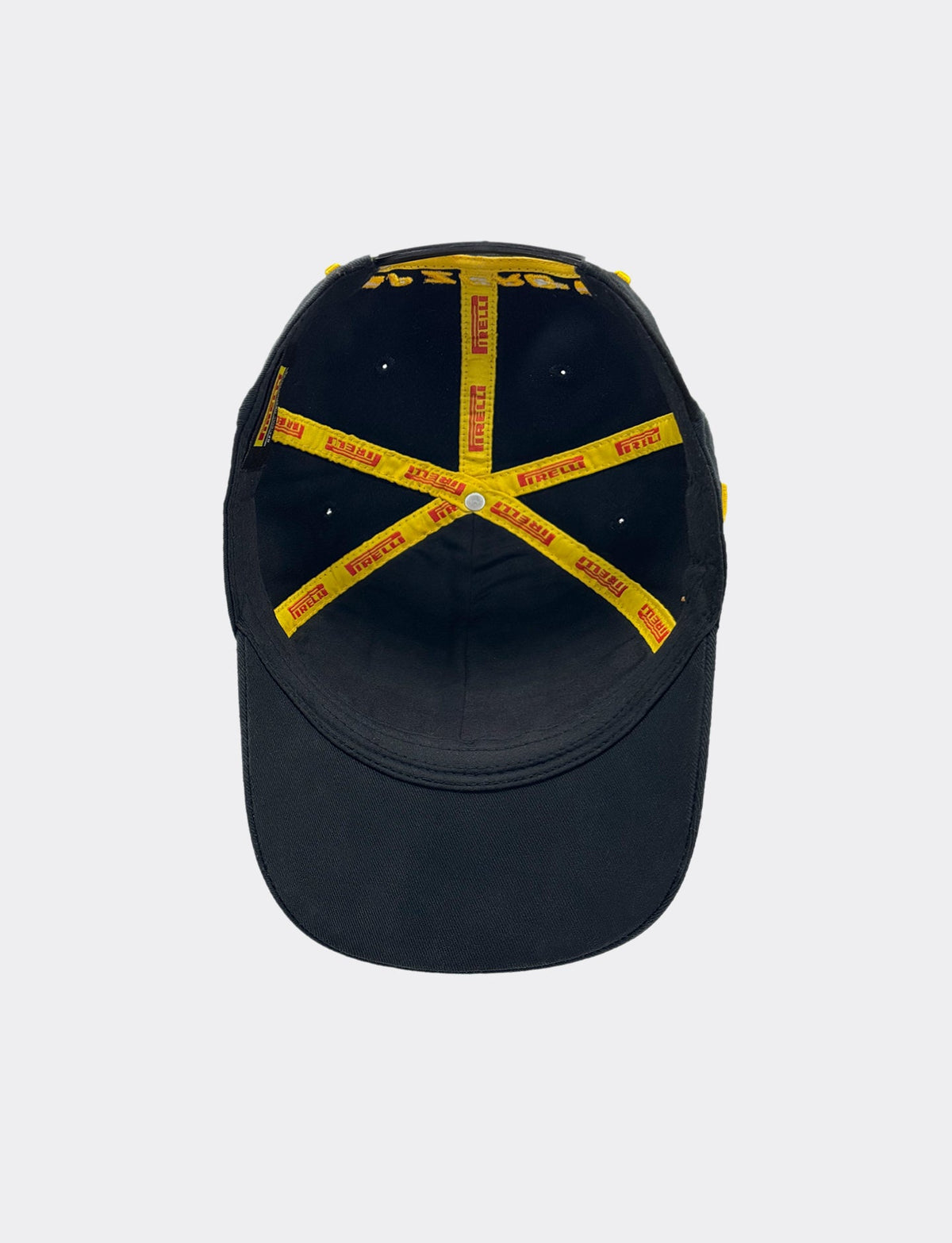 Pirelli black baseball cap shown from interior view revealing yellow branded seam tape