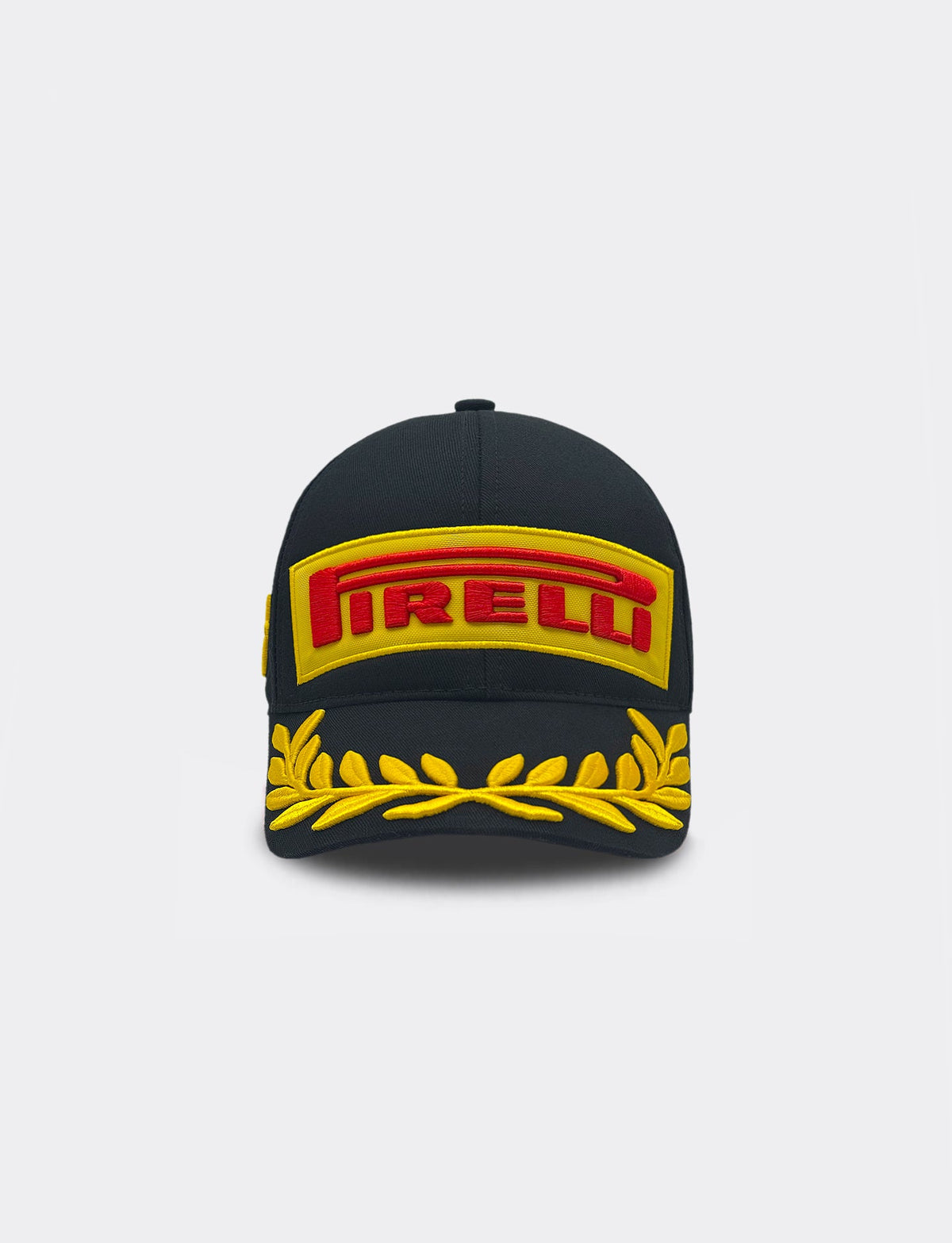 Pirelli black baseball cap with yellow logo patch and gold laurel wreath embroidery