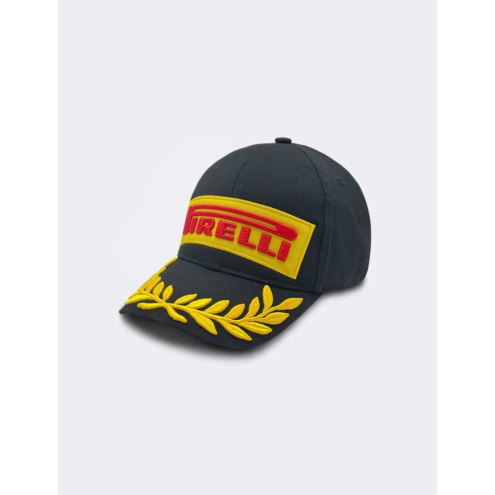 Pirelli black baseball cap with yellow logo patch and gold laurel wreath embroidery on brim