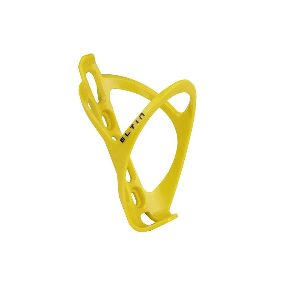Yellow ELTIN bicycle bottle cage with aerodynamic design on white background
