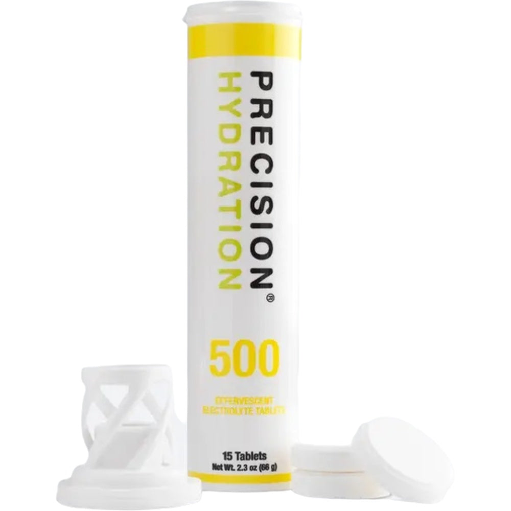 Precision Hydration 500 Electrolyte Tablets white tube with yellow accents, 15 tablets shown
