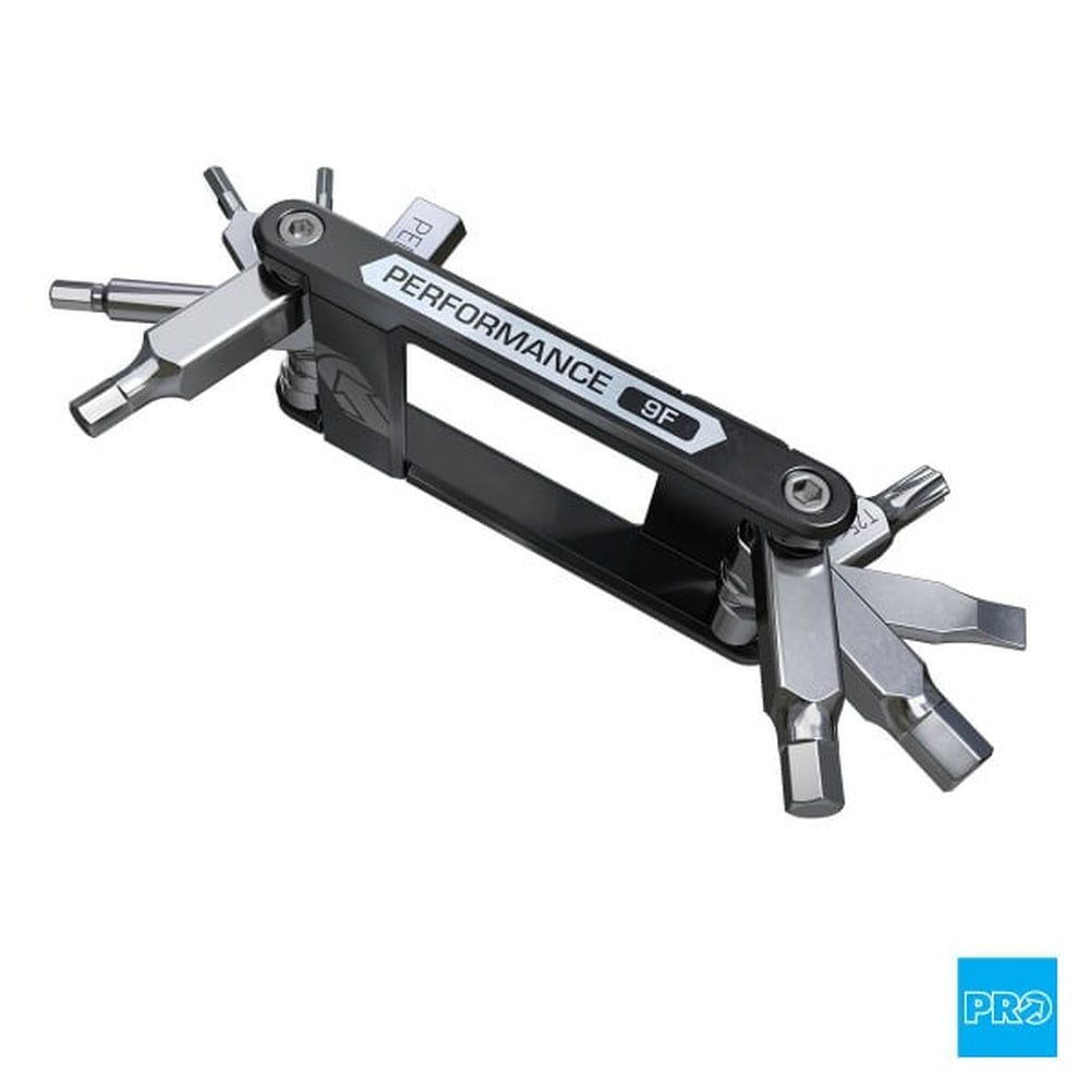 PRO Performance 9F multi-tool with folding hex keys and screwdrivers in black and silver