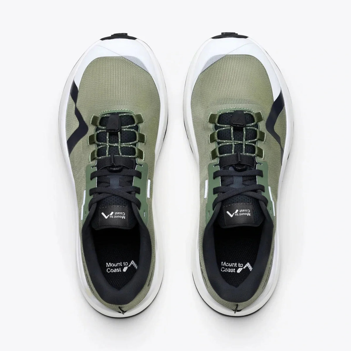 Mount to Coast M1 Trail Running Shoes pair shown from top-down view in moss green