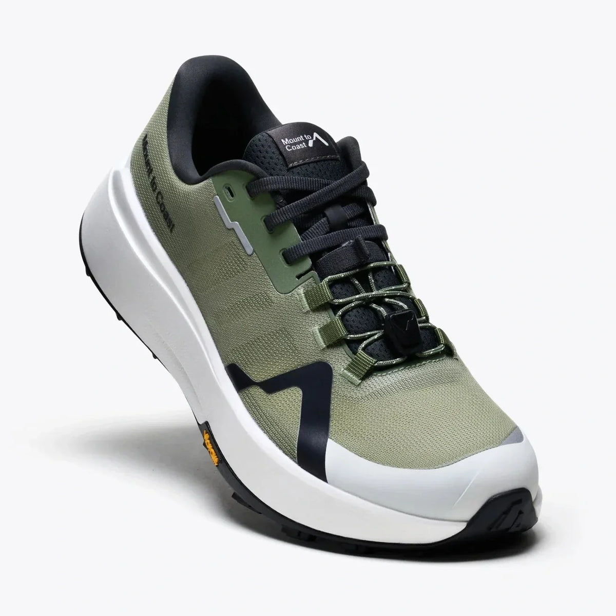 Mount to Coast M1 Trail Running Shoe single shoe medial view showing lacing system and mountain logo